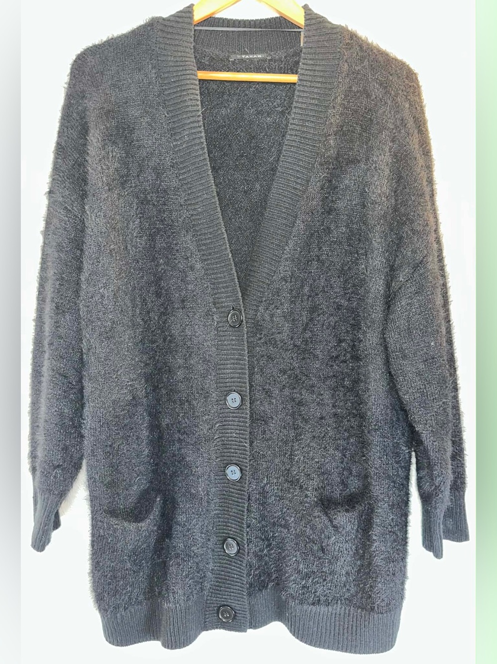T Tahari Black Fuzzy Button-Front Women's Cardigan Sweater